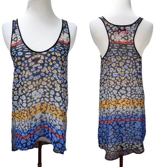 New Clover Canyon Long Print Chiffon Sleeveless Top Tunic Silver Contrast - Picture 2 of 11